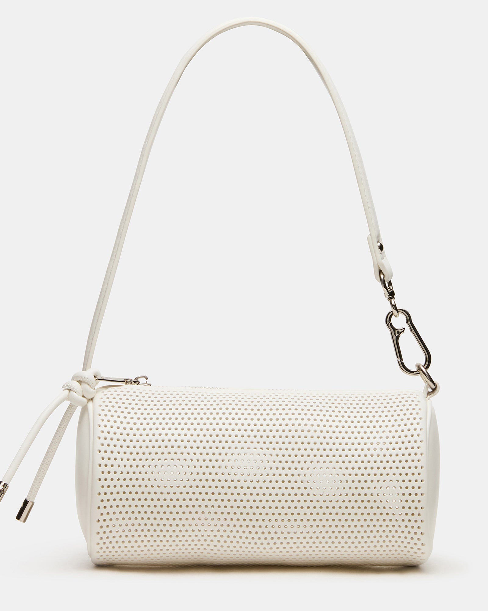 PRIYA Perforated Bag White Mini Barrel Shoulder Handbag | Steve Madden