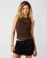 ROMAN Walnut Knit Mesh Ruched Sleeveless Women's Top | Steve Madden