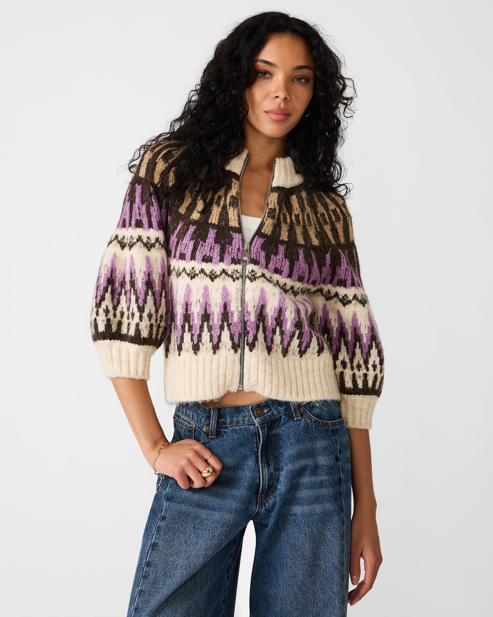 ADLEY Multi Zip-Up 3/4 Sleeve Bubble Women's Sweater Top | Steve Madden