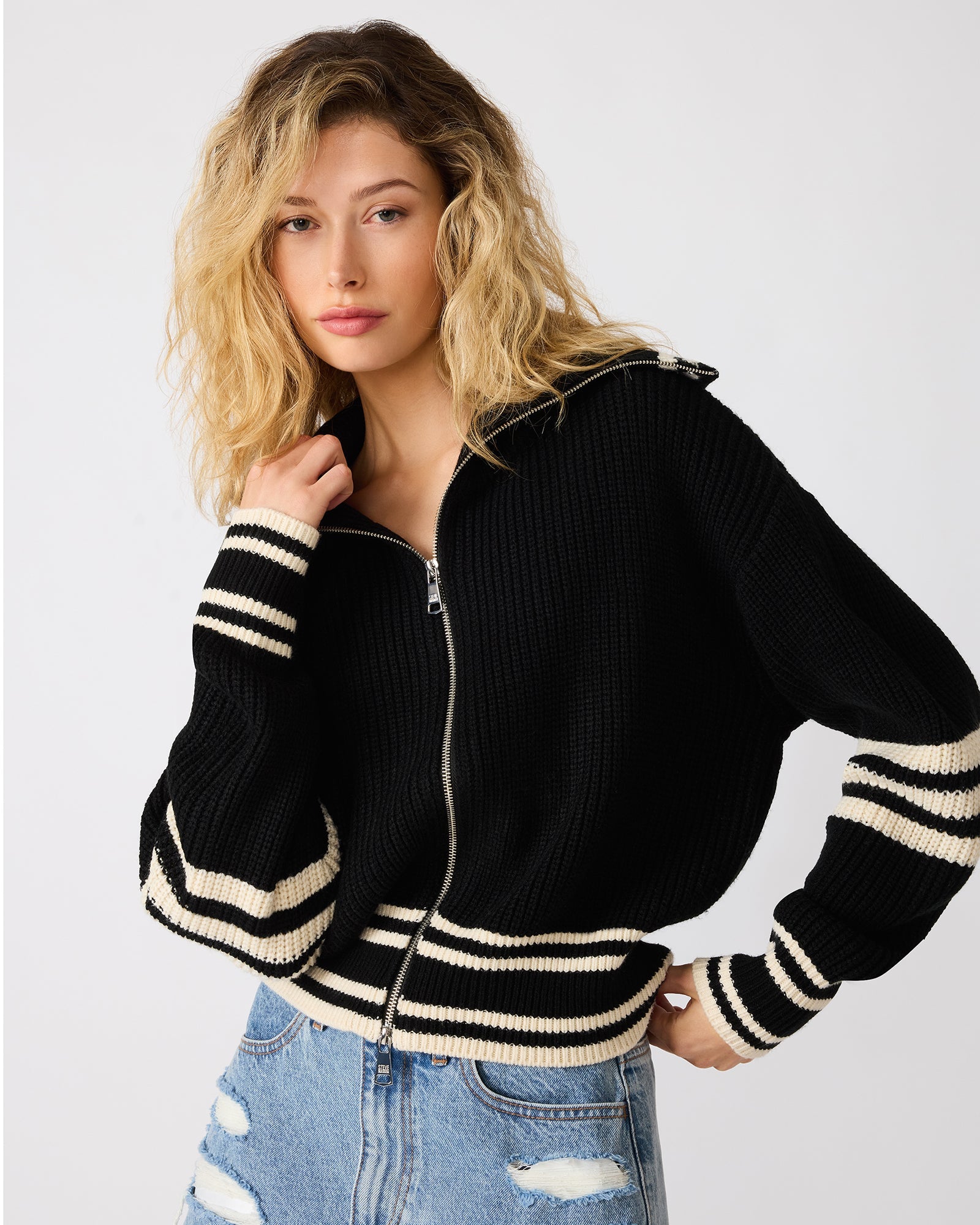 DARA Black Zip Up Knit Women's Sweater | Steve Madden