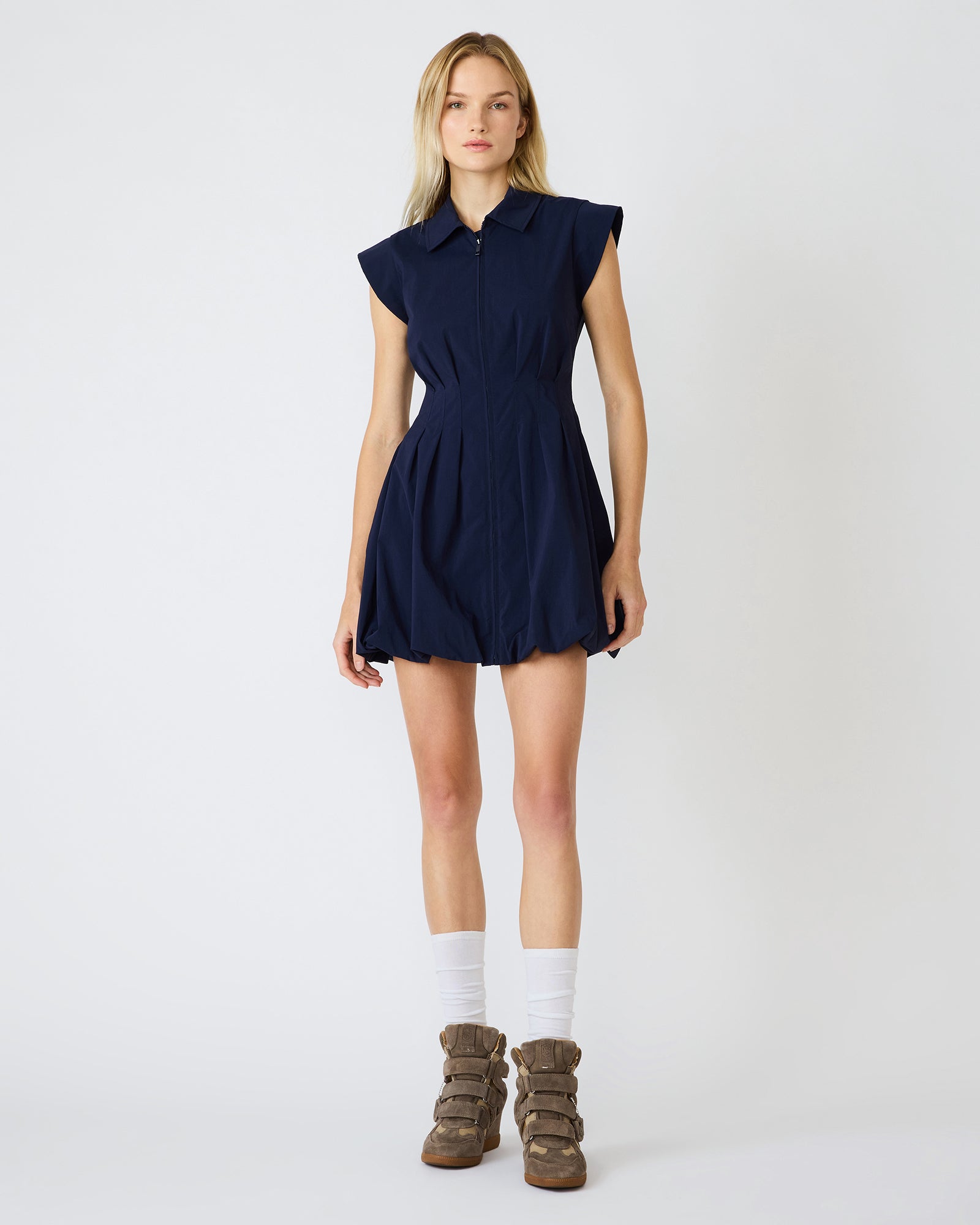 DYANNE Marine Women's Zip-Front Bubble-Hem Dress | Steve Madden