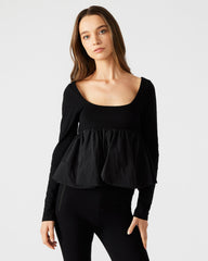 AVIELLE Black Women's Long-Sleeved Bubble-Hem Peplum Top | Steve Madden