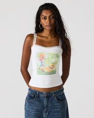 LOVE GOLDIE Antique Lace Trim Sleeveless Graphic Women's Tank Top | Steve Madden