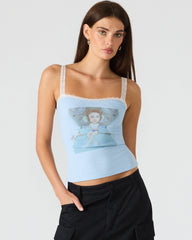 LOVE GOLDIE Surf Blue Lace Trim Sleeveless Graphic Women's Tank Top | Steve Madden