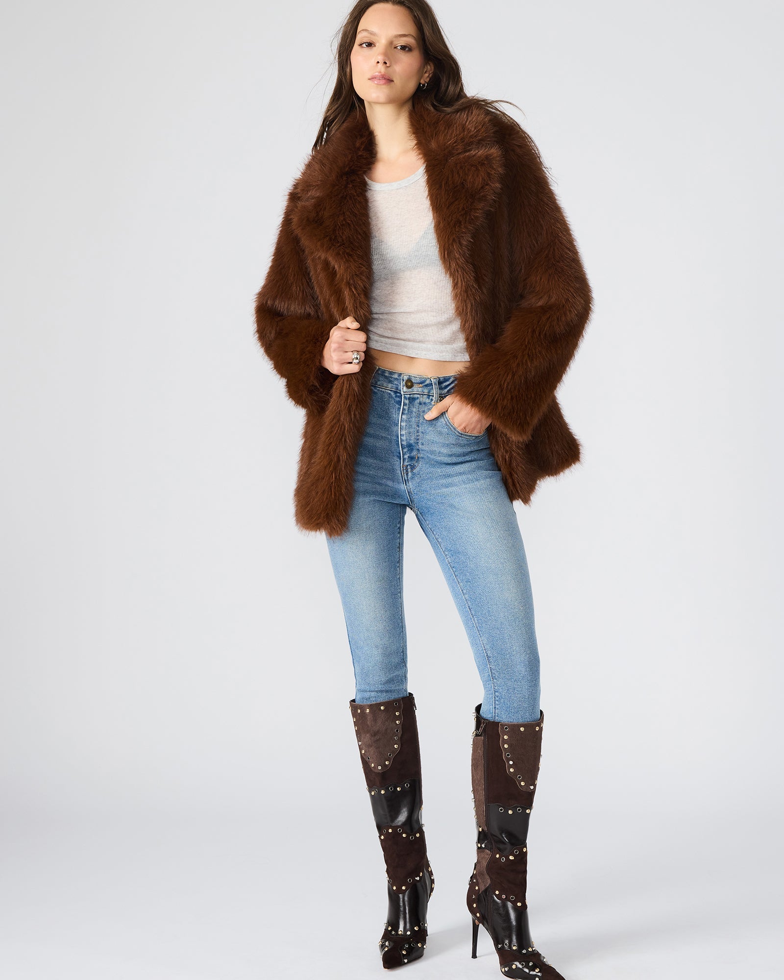 KINDRA Brown Faux Fur Collared Women's Coat | Steve Madden