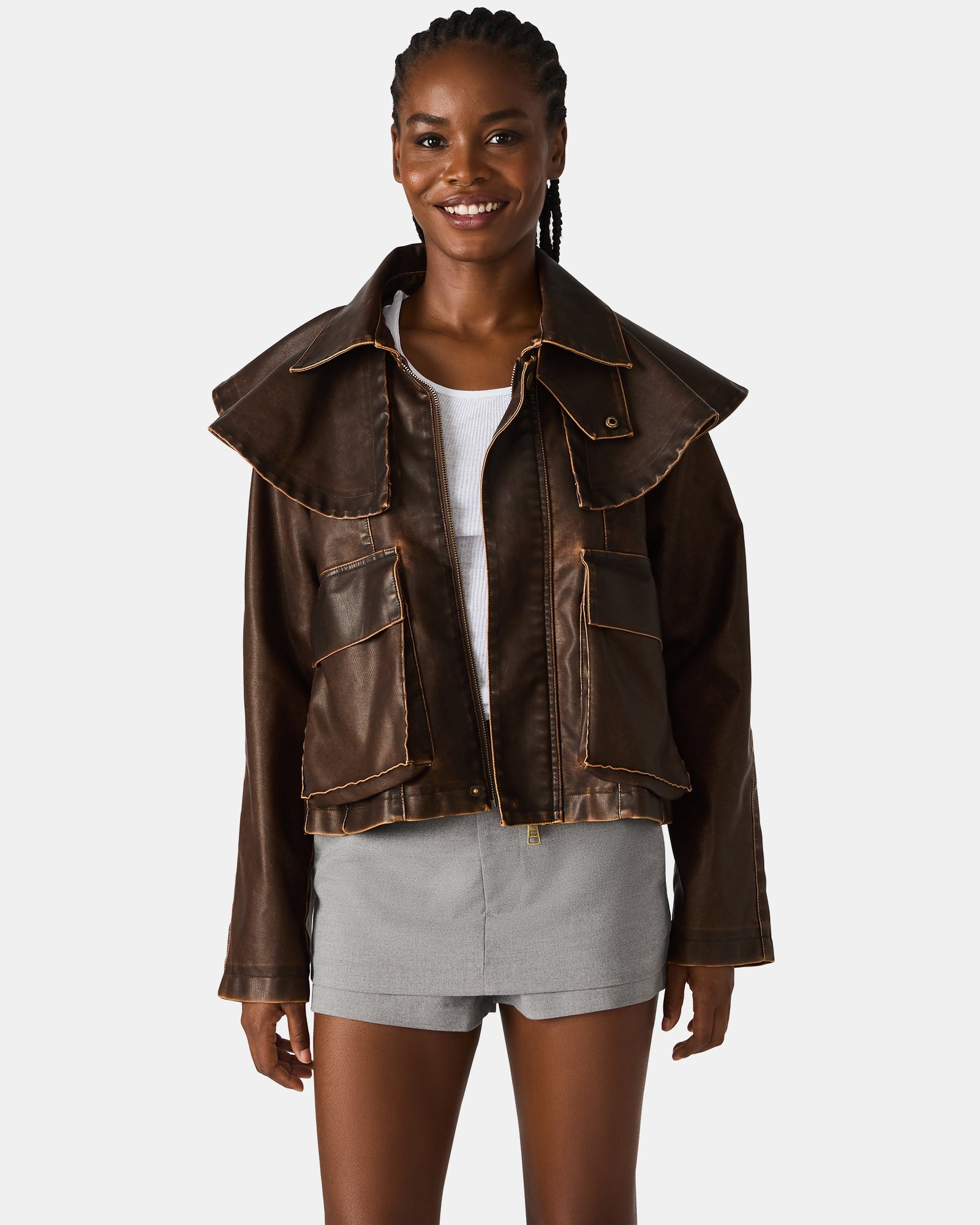 VARVARA Chocolate Long-Sleevd Faux Leather Women's Jacket | Steve Madden