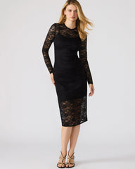 HAILEE Lace Black Long-Sleeved Mesh Pull-On Mock Neck Midi Women's Dress | Steve Madden