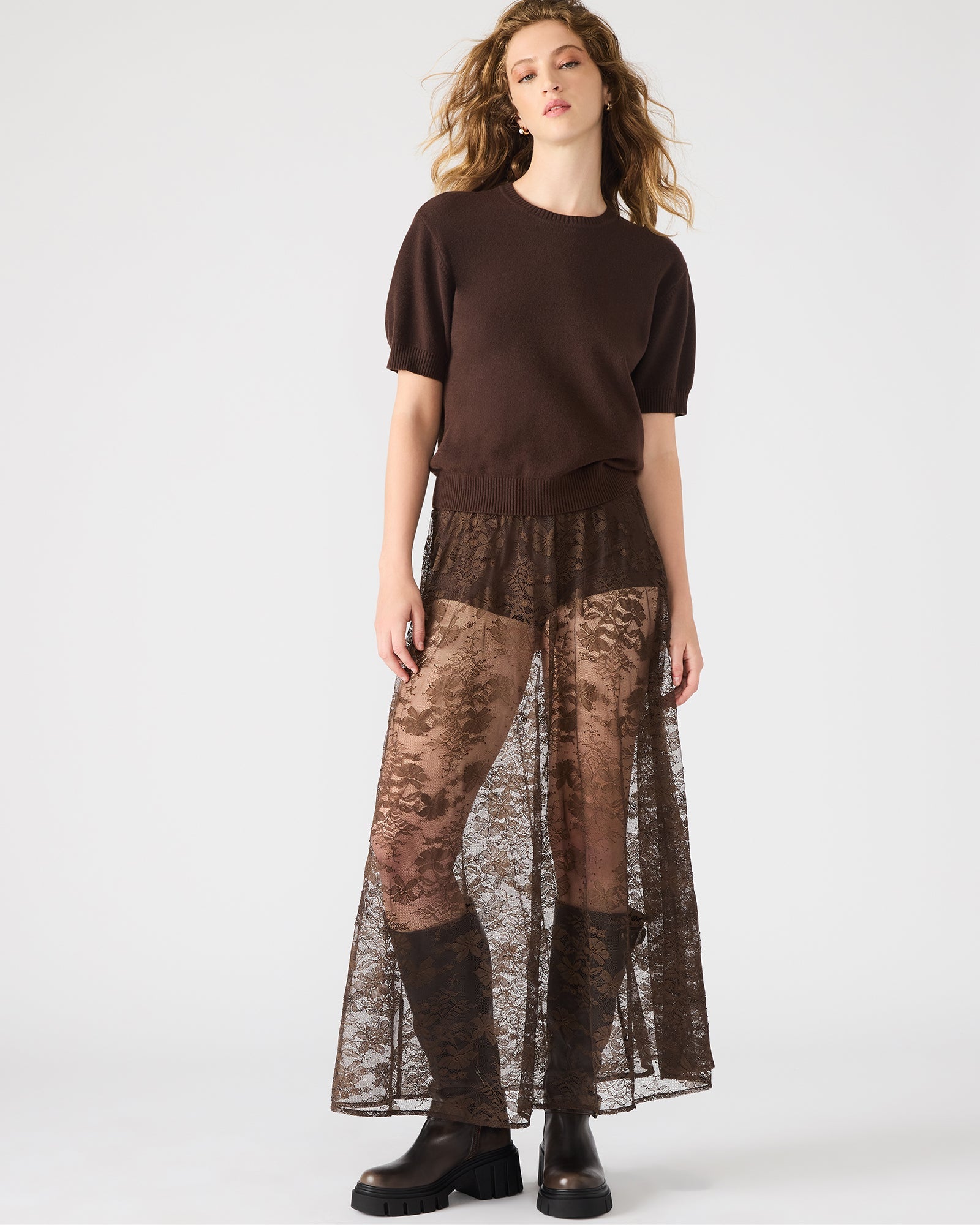 GISELA Dark Espresso Lace Mesh Maxi Women's Skirt | Steve Madden