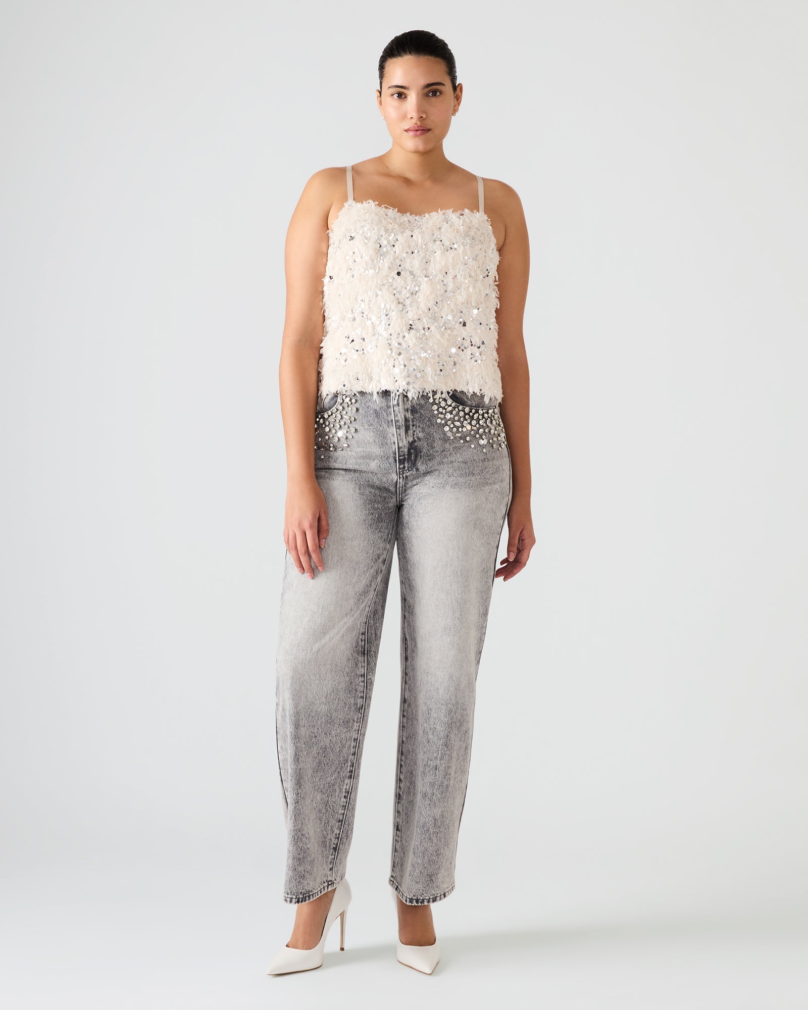 BLAKELYN Ivory Feather Sequin Embellished Women's Top | Steve Madden