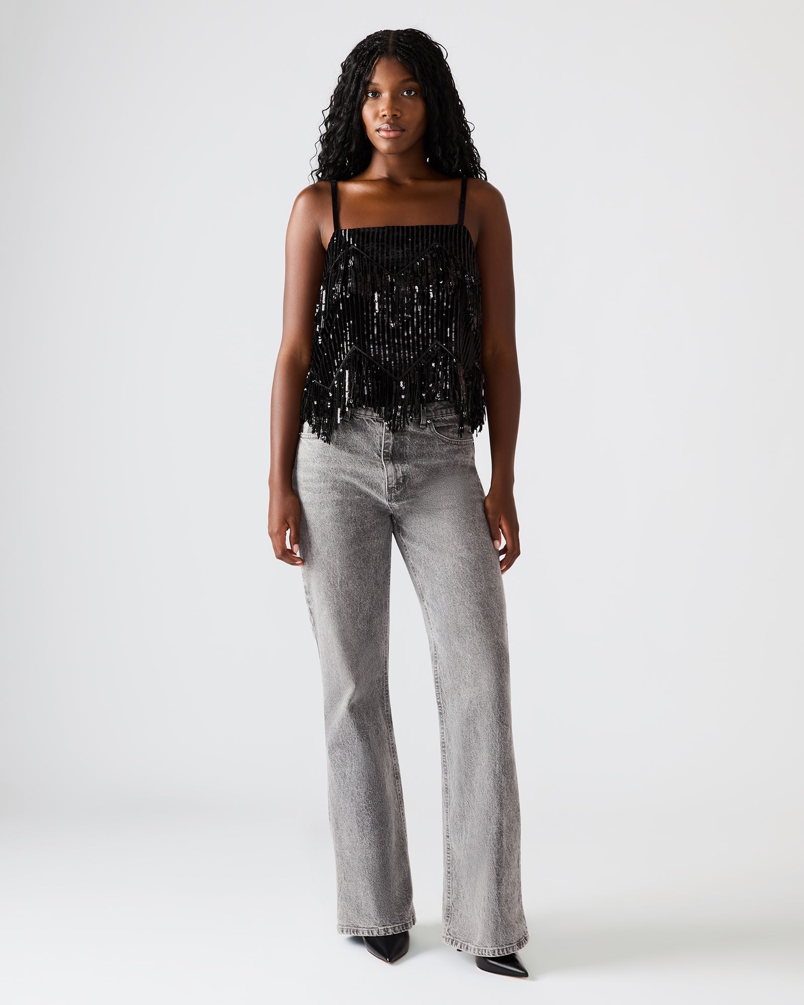 BLAKELYN Sequin Black Fringe Embellished Women's Top | Steve Madden