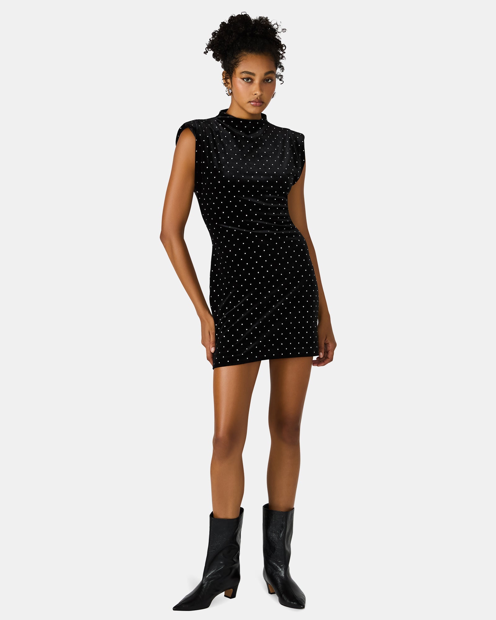 ASTORIA Black Rhinestone Embellished Velvet Shoulder Pads Bodycon Mini Women's Dress | Steve Madden