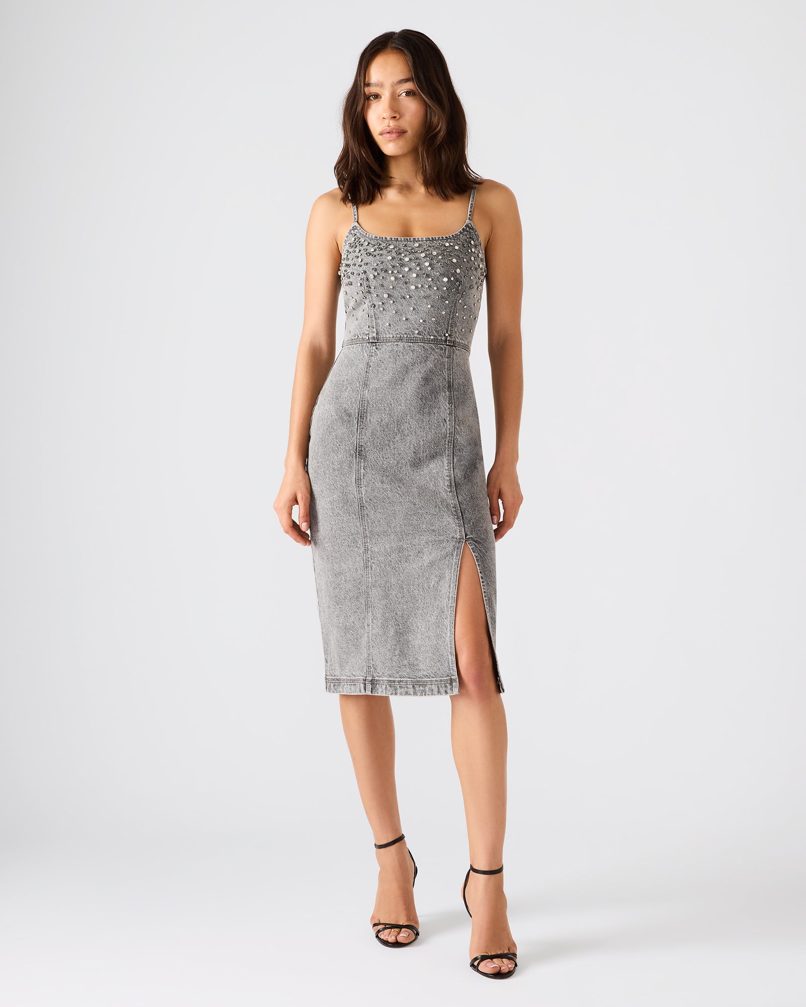 EMBELLISHED GISELLE Fog Denim Midi Women's Dress with Slit | Steve Madden