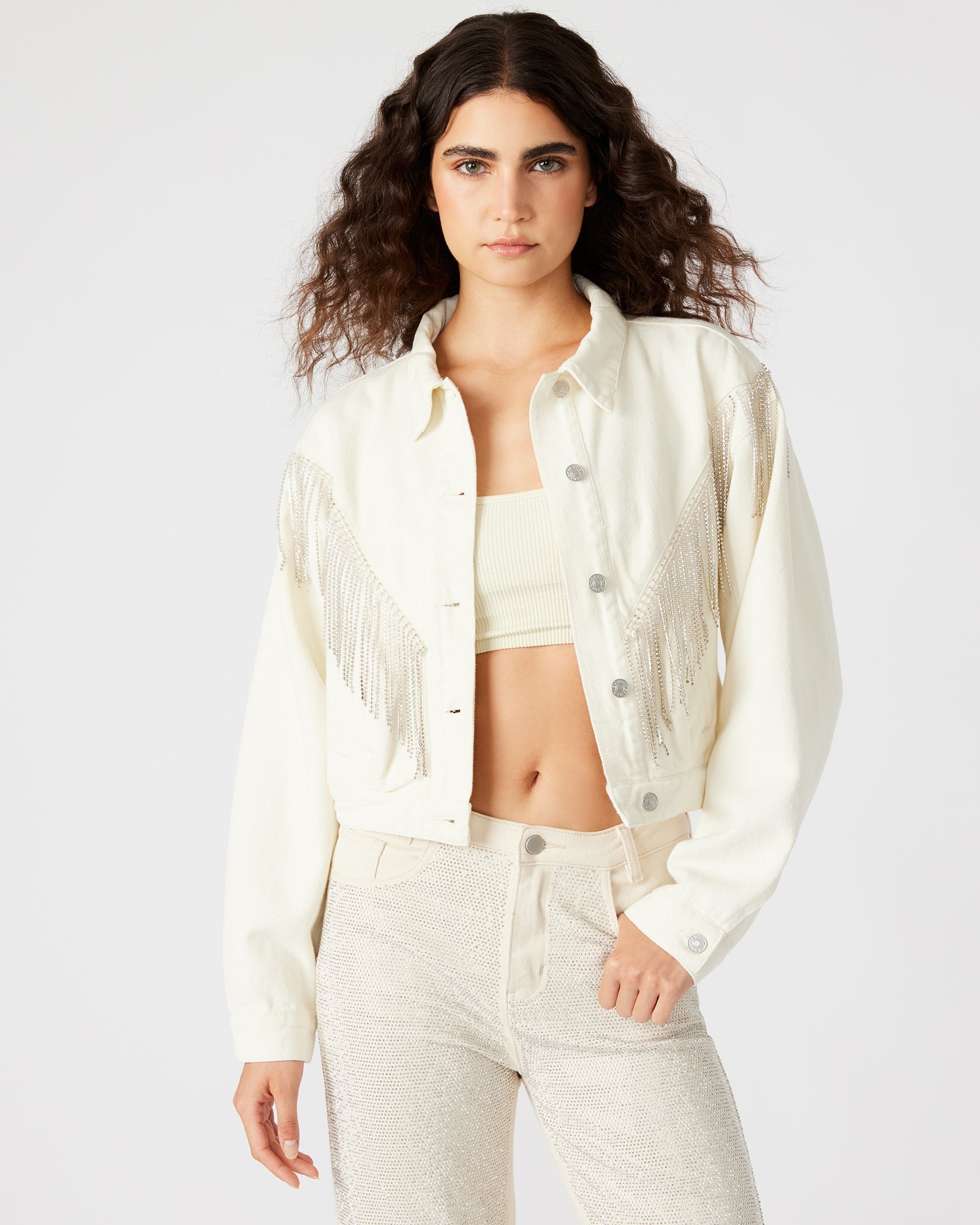 CANYON Denim Jacket Cream | Women's Rhinestone Fringe Jacket | Steve Madden