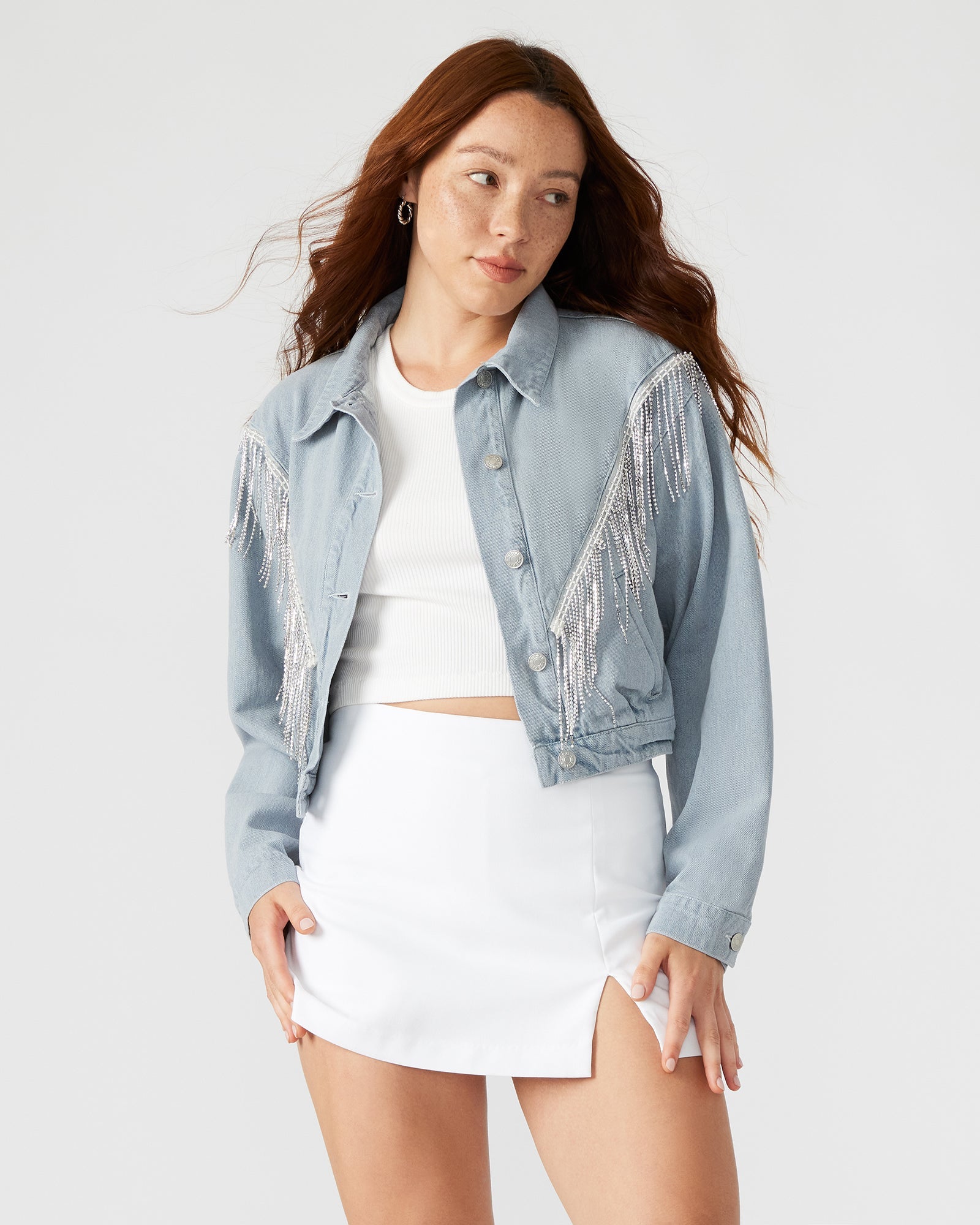 CANYON Denim Jacket | Women's Rhinestone Fringe Jacket | Steve Madden
