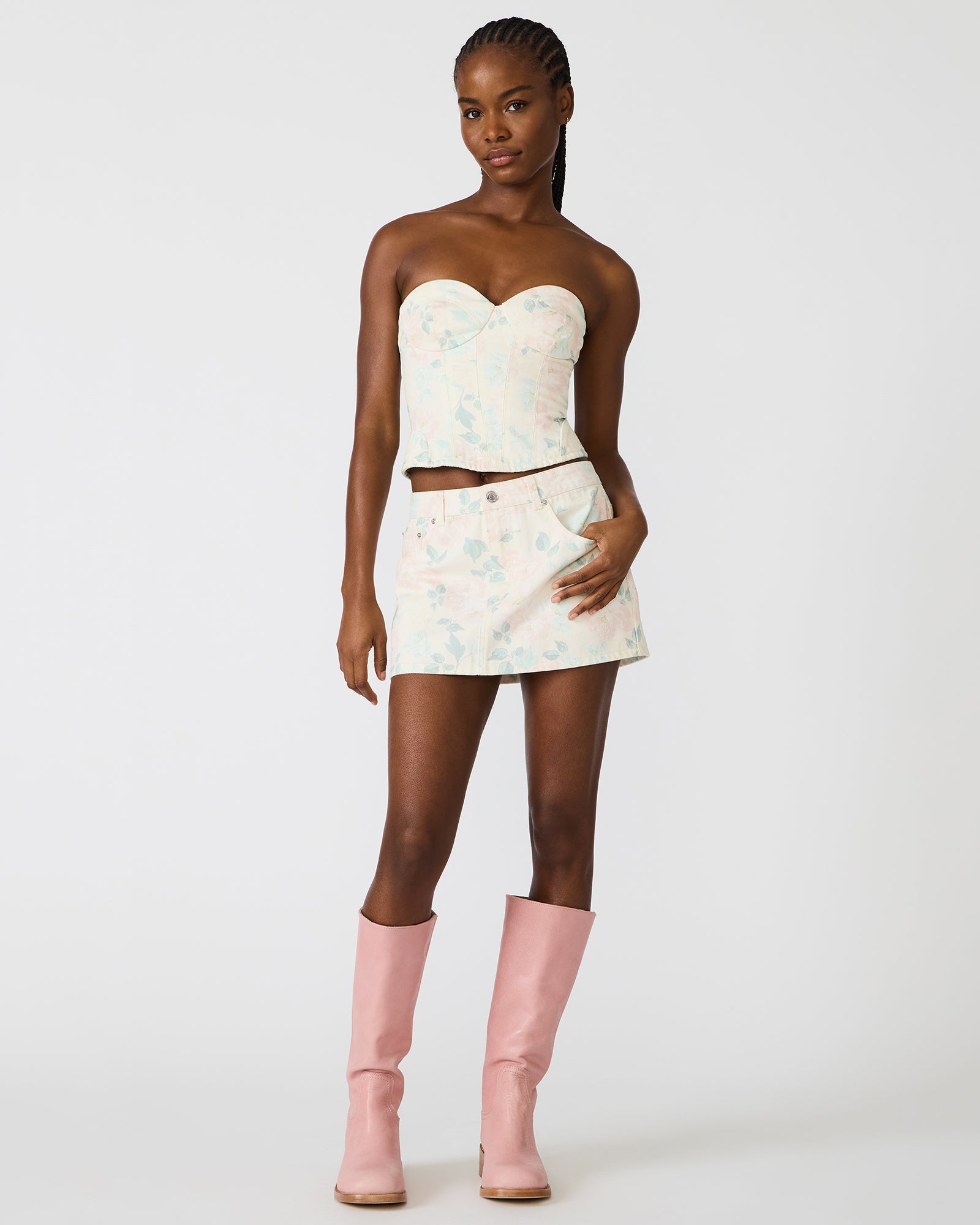 ROSELIA Peach Beige Floral Print Denim Strapless Corset Women's Top | Steve Madden
