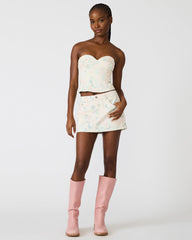 ROSELIA Peach Beige Floral Print Denim Strapless Corset Women's Top | Steve Madden
