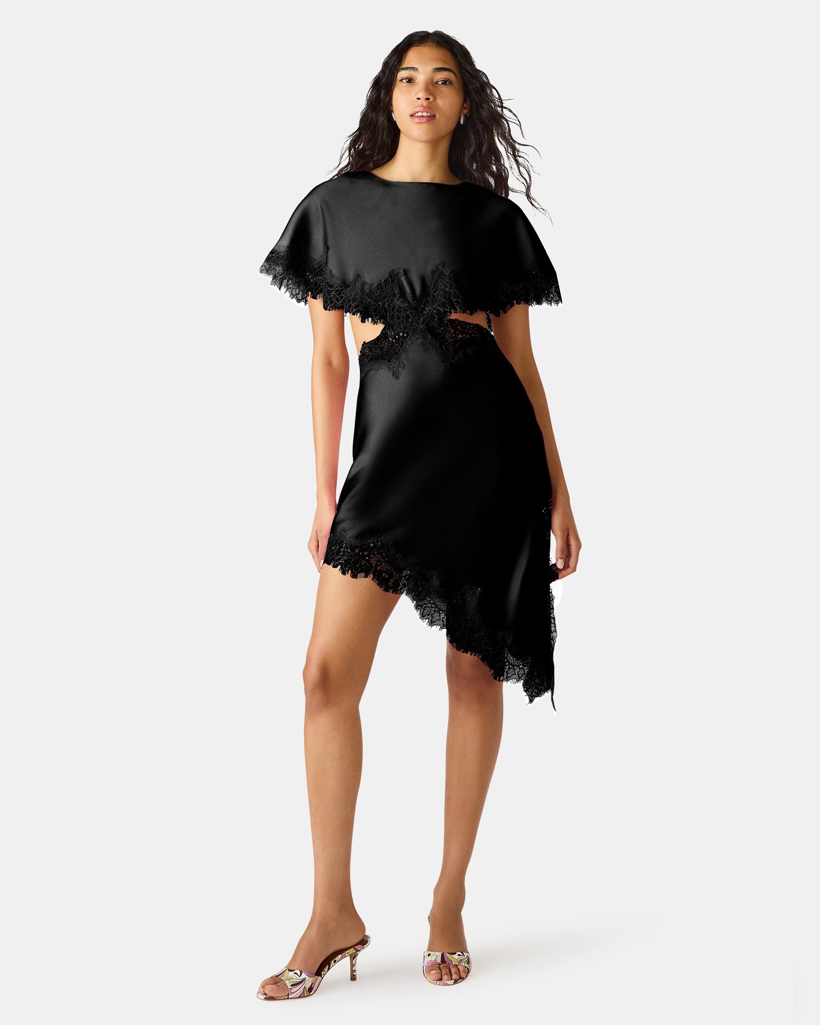 MAYCI Black Lace Trim Asymmetrical Women's Dress | Steve Madden
