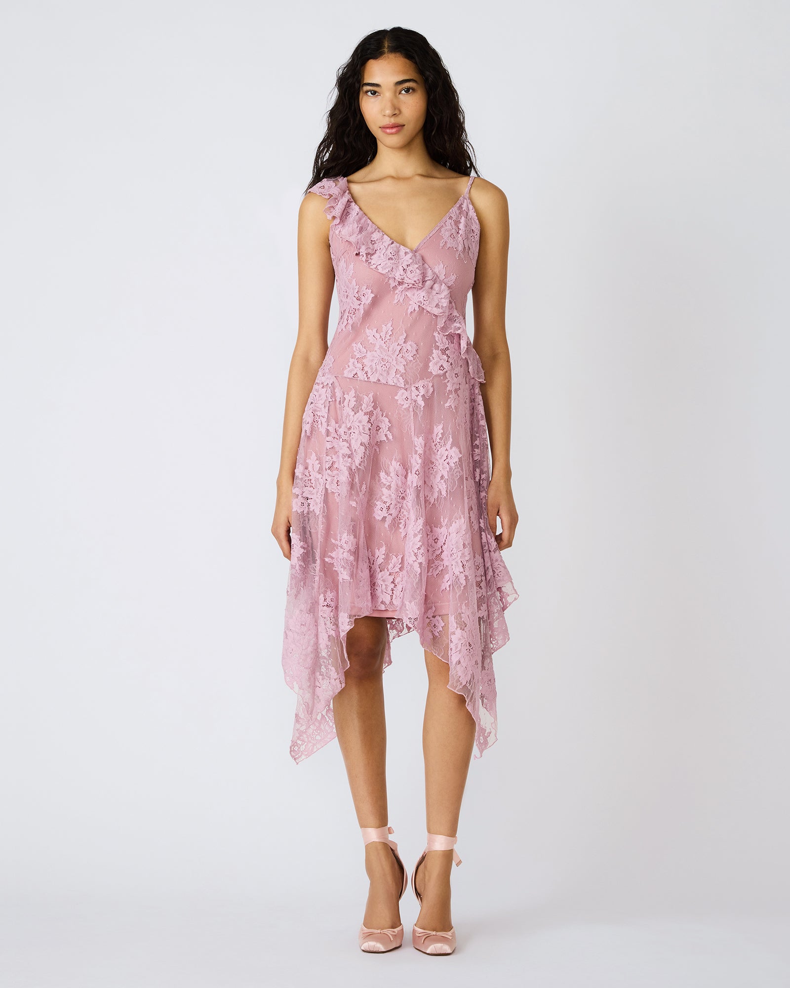 DARIELLA Mauve Shadows Sleeveless Asymmetrical Ruffle Lace Mesh Women's Midi Dress | Steve Madden