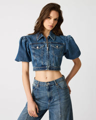MARCY Blue Heather Puff Sleeve Cropped Button-Up Women's Denim Jacket | Steve Madden