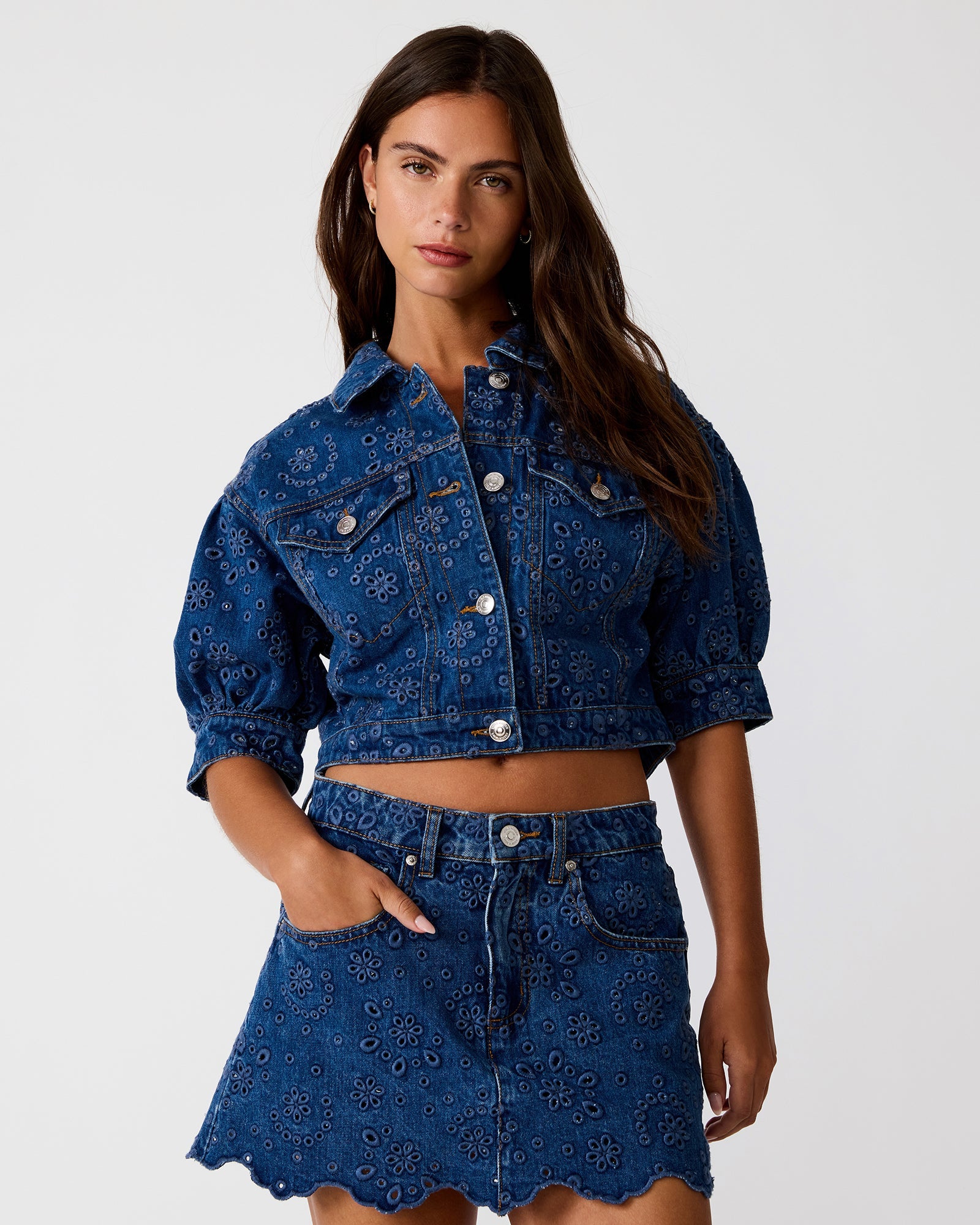 SERAFINA Blue Depths Eyelet Button-Up Denim Women's Jacket | Steve Madden