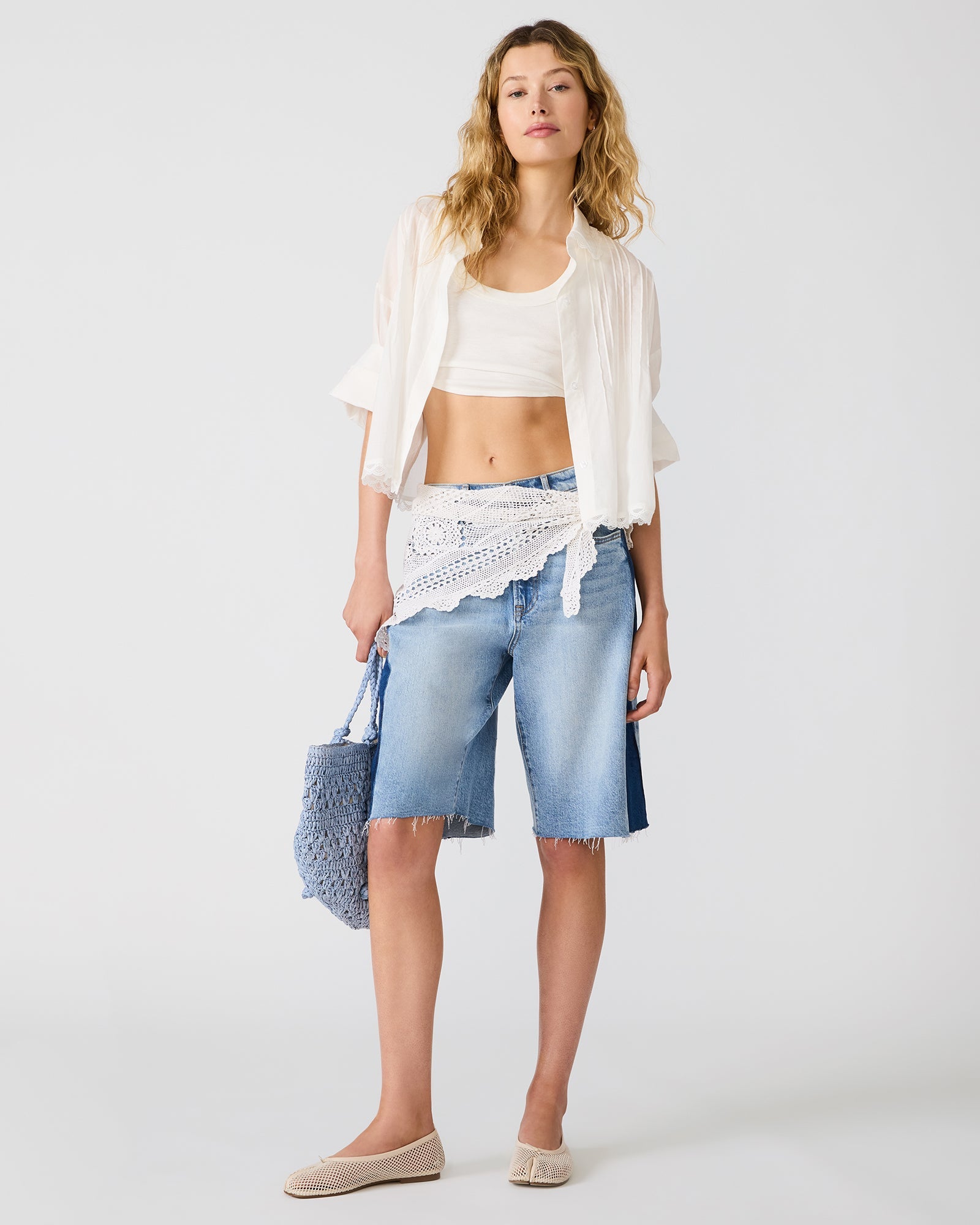 SUTTEN Storm Blue Two Tone Long Denim Women's Jean Shorts | Steve Madden