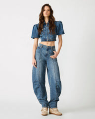 AUSTIN Blue Heather Barrel Horseshoe High-Rise Denim Women's Jeans | Steve Madden