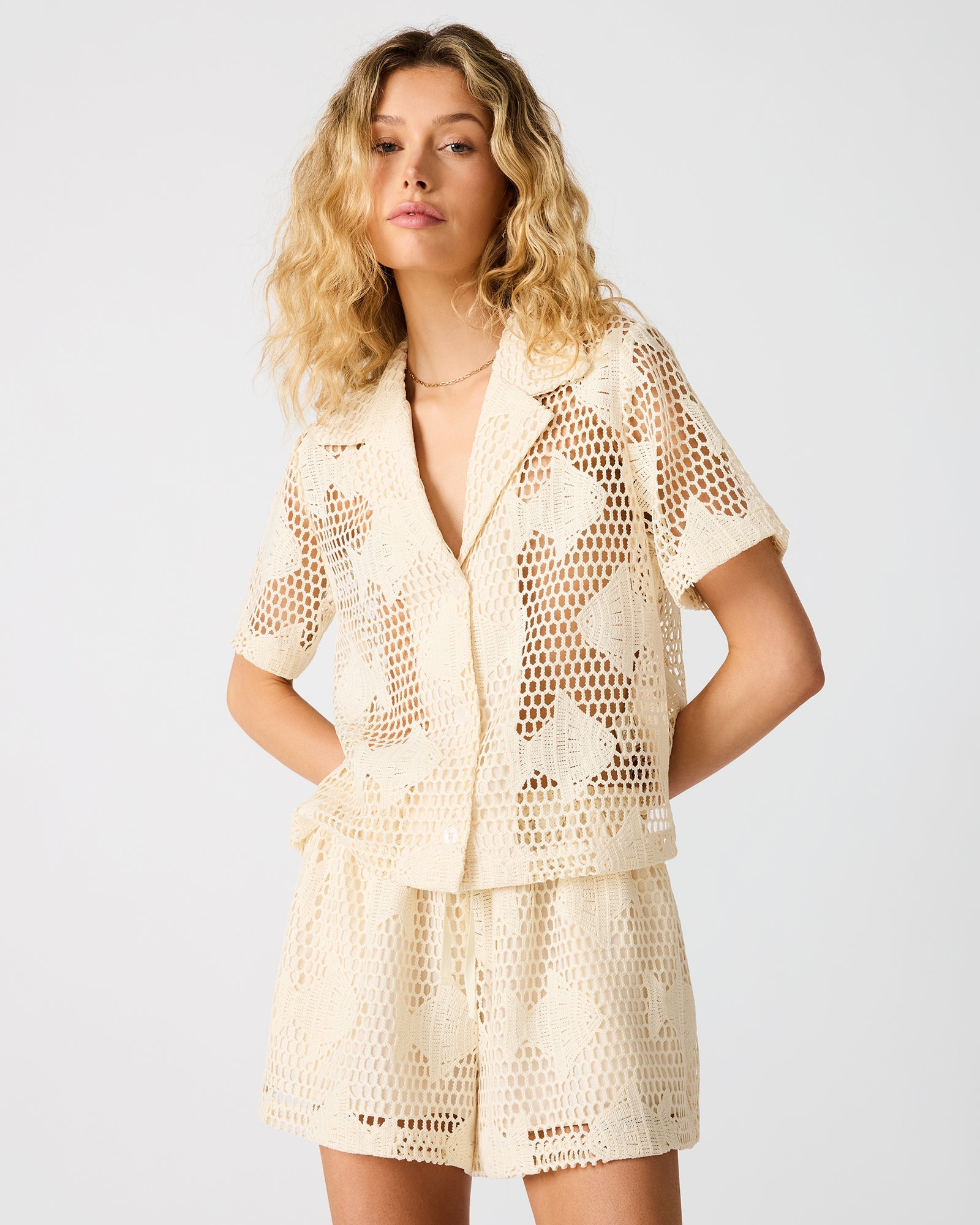 SANDRA Ivory Crochet Fish Collared Button-Up Women's Top | Steve Madden