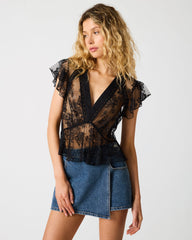 LEYLA Black Lace Sheer Unlined Short-Sleeve Women's Top | Steve Madden