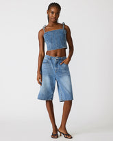 MEAGHAN Blue Heather Denim Tie Straps Women's Crop Top | Steve Madden