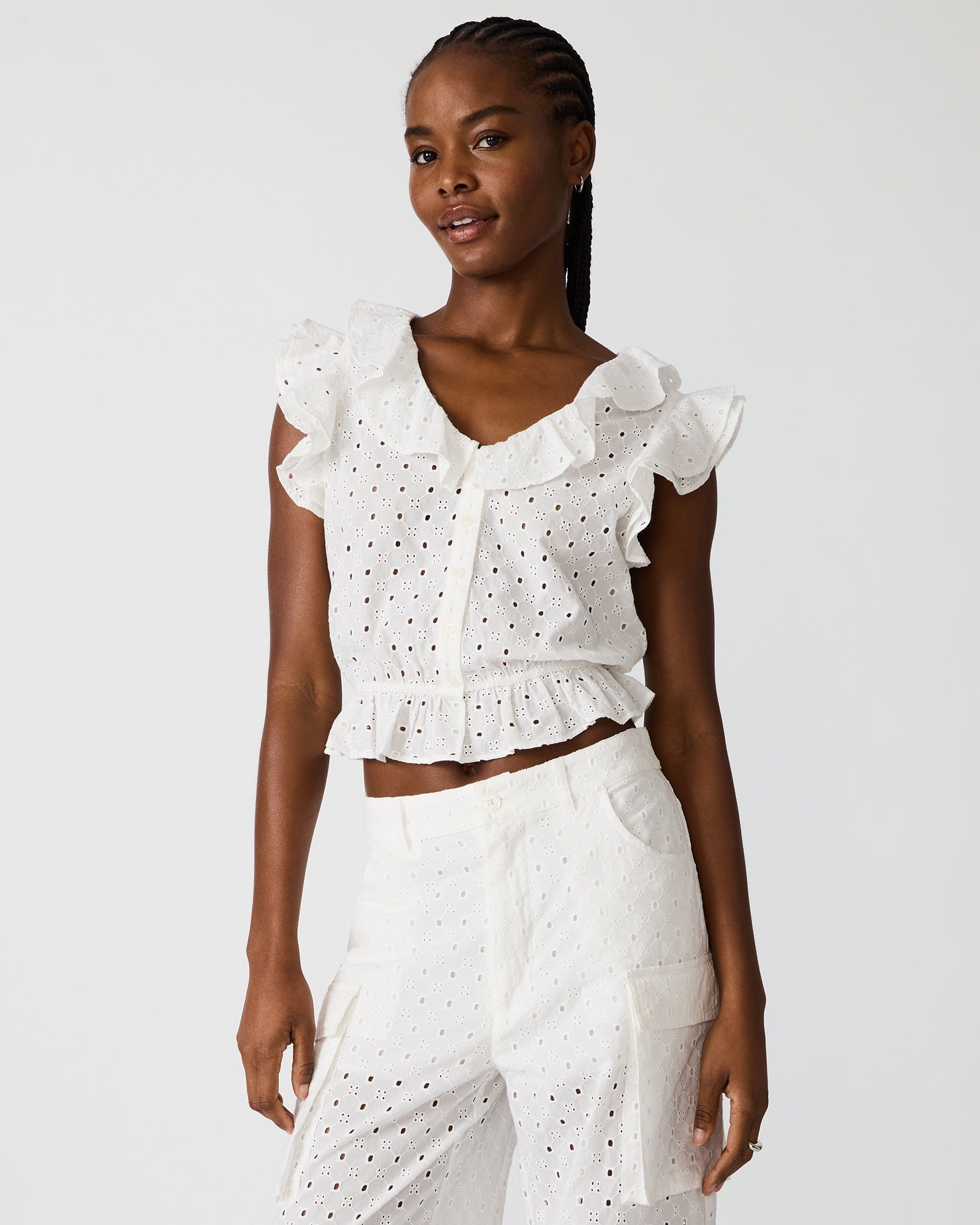 MAYRA White Button-Up Eyelet Ruffles Set Women's Top | Steve Madden