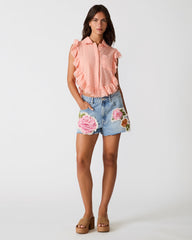 ADELINE Apricot Gelato Eyelet Button-Up Ruffles Women's Top | Steve Madden