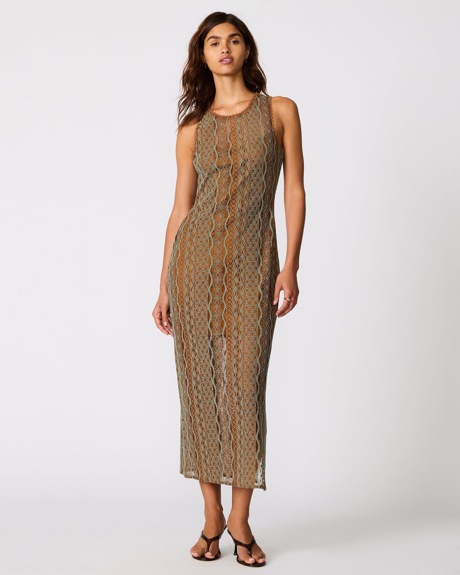 NYSSA Rust Multi Mesh Sleeveless Slit Women's Maxi Dress | Steve Madden