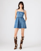 MEAGHAN Blue Heather Sleeveless Denim Women's Mini Dress | Steve Madden