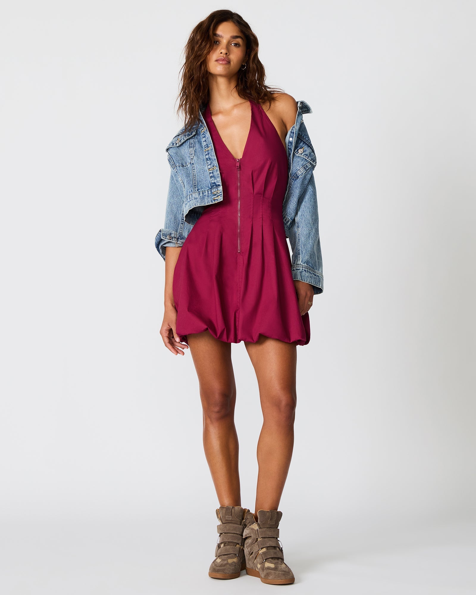 DIANNA Dark Red Zipper Bubble Halter Women's Mini Dress | Steve Madden