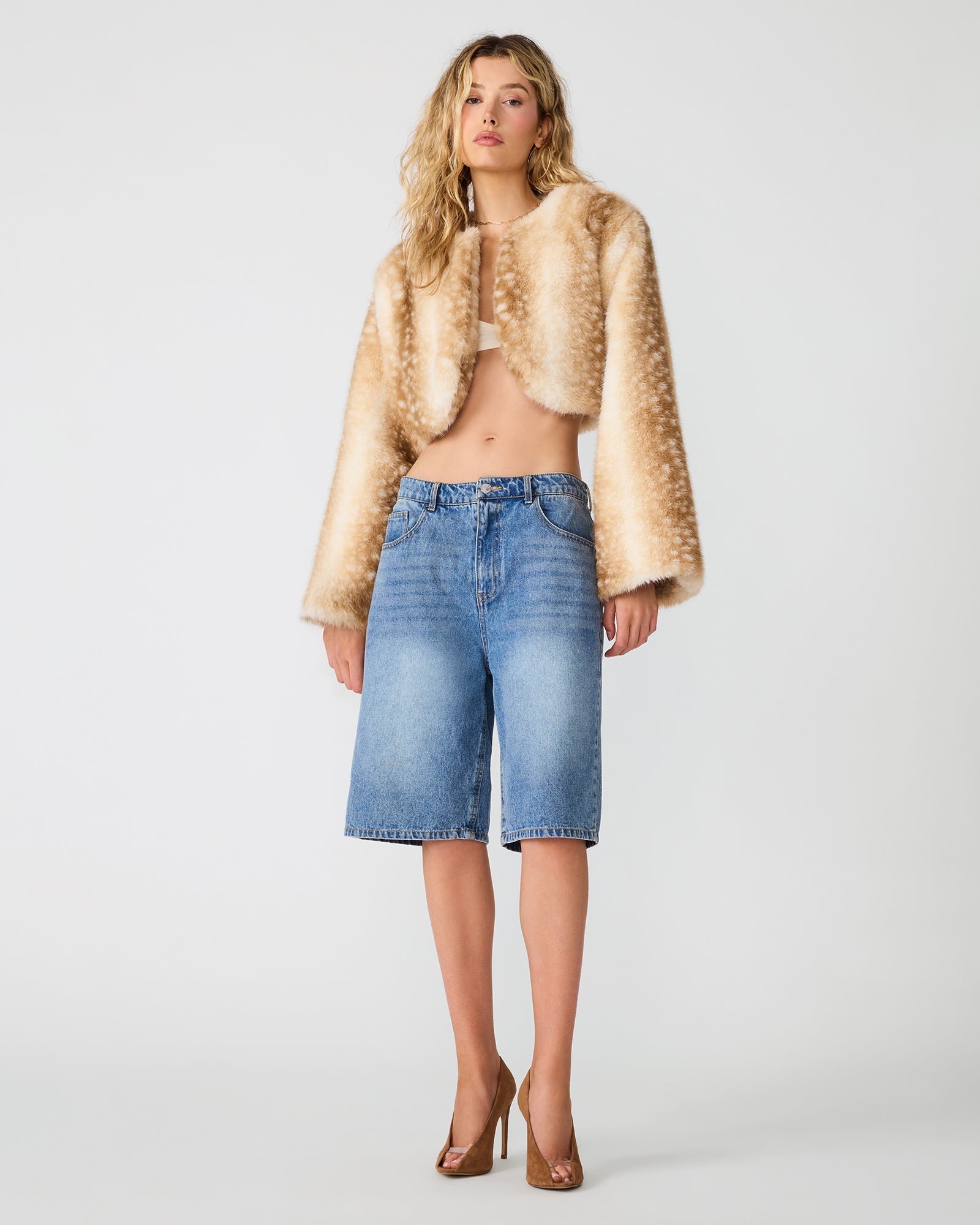 KEYVA Smokey Brown Faux Fur Cropped Women's Jacket | Steve Madden