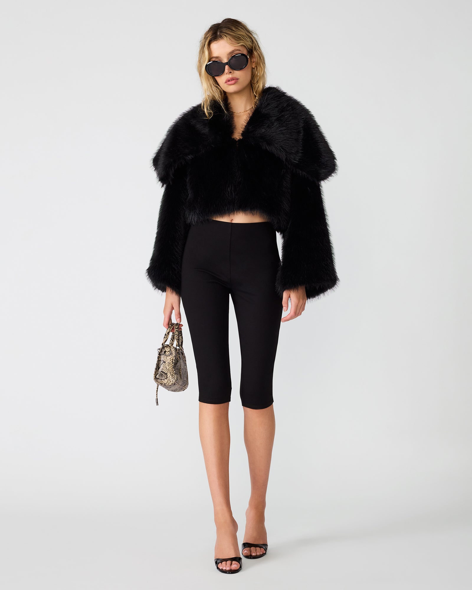 AMALLIA Black Faux Fur Cropped Women's Coat | Steve Madden