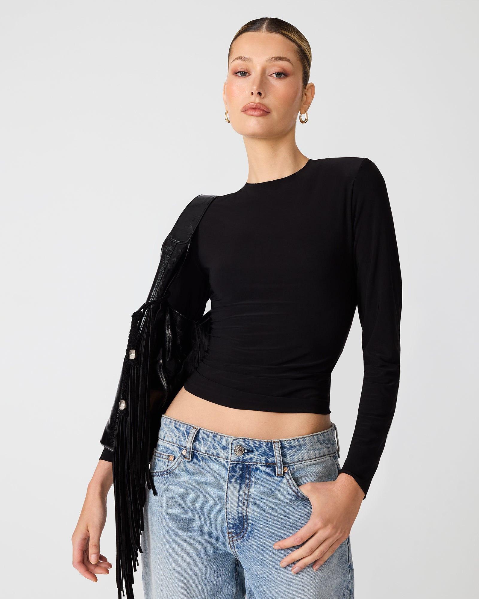SELINE Black Long Sleeve Scoop Neck Women's Top | Steve Madden