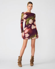 LARISA Blurry Floral Long Sleeve Open Back Women's Mini Dress | Steve Madden