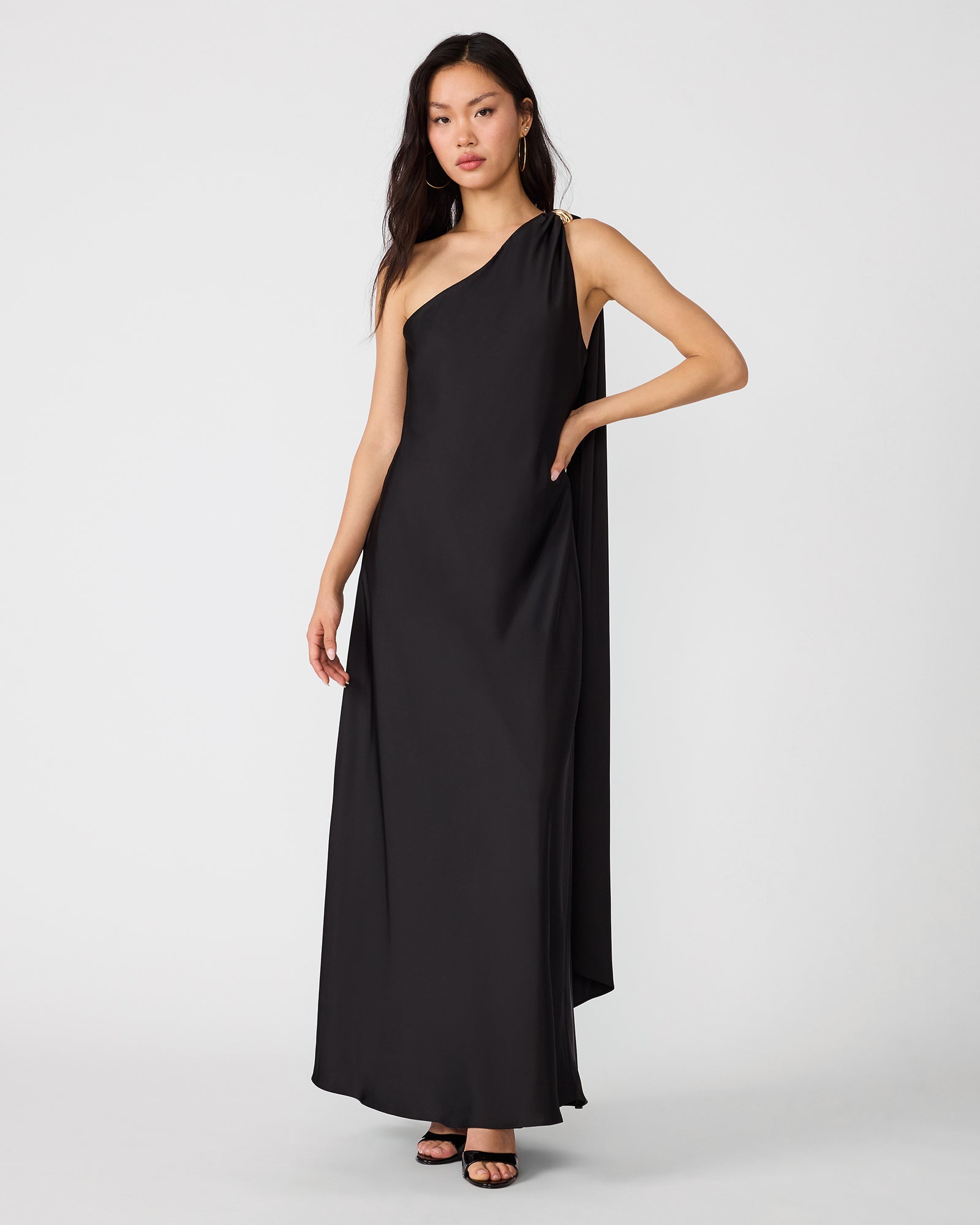 AURORAH Black One-Shoulder Scarf Drape Women's Maxi Dress | Steve Madden