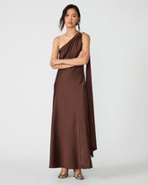 AURORAH Shaved Chocolate One-Shoulder Scarf Drape Women's Maxi Dress | Steve Madden