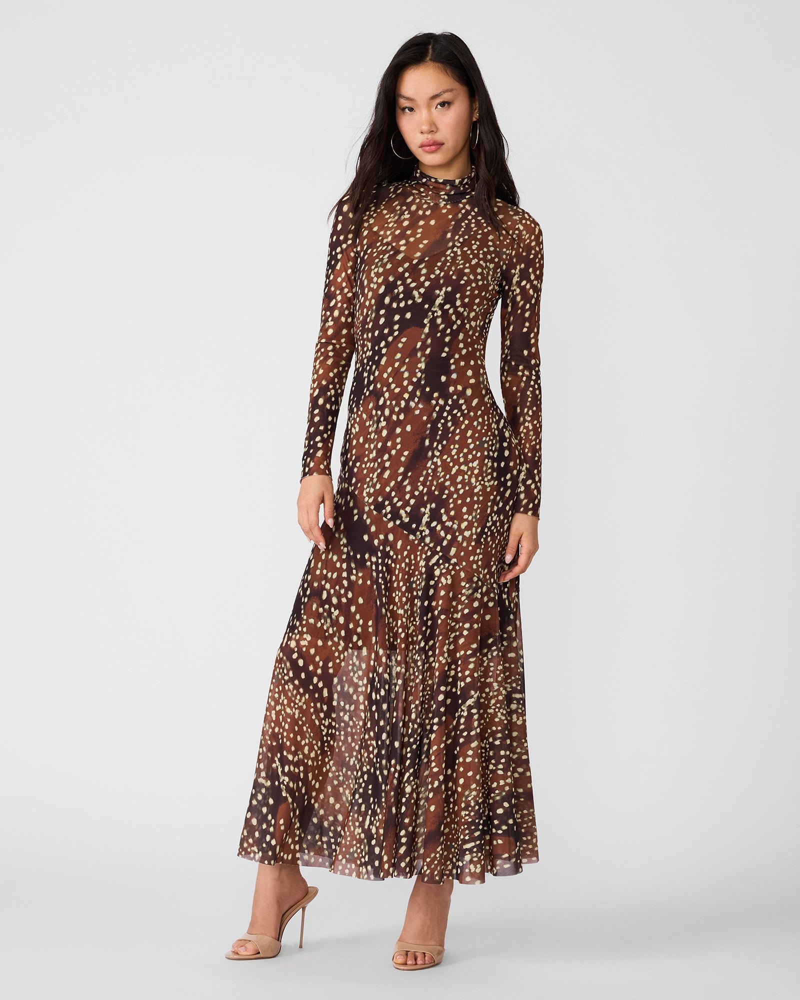 VIVARA Smokey Brown Mesh Flowy Women's Maxi Dress | Steve Madden