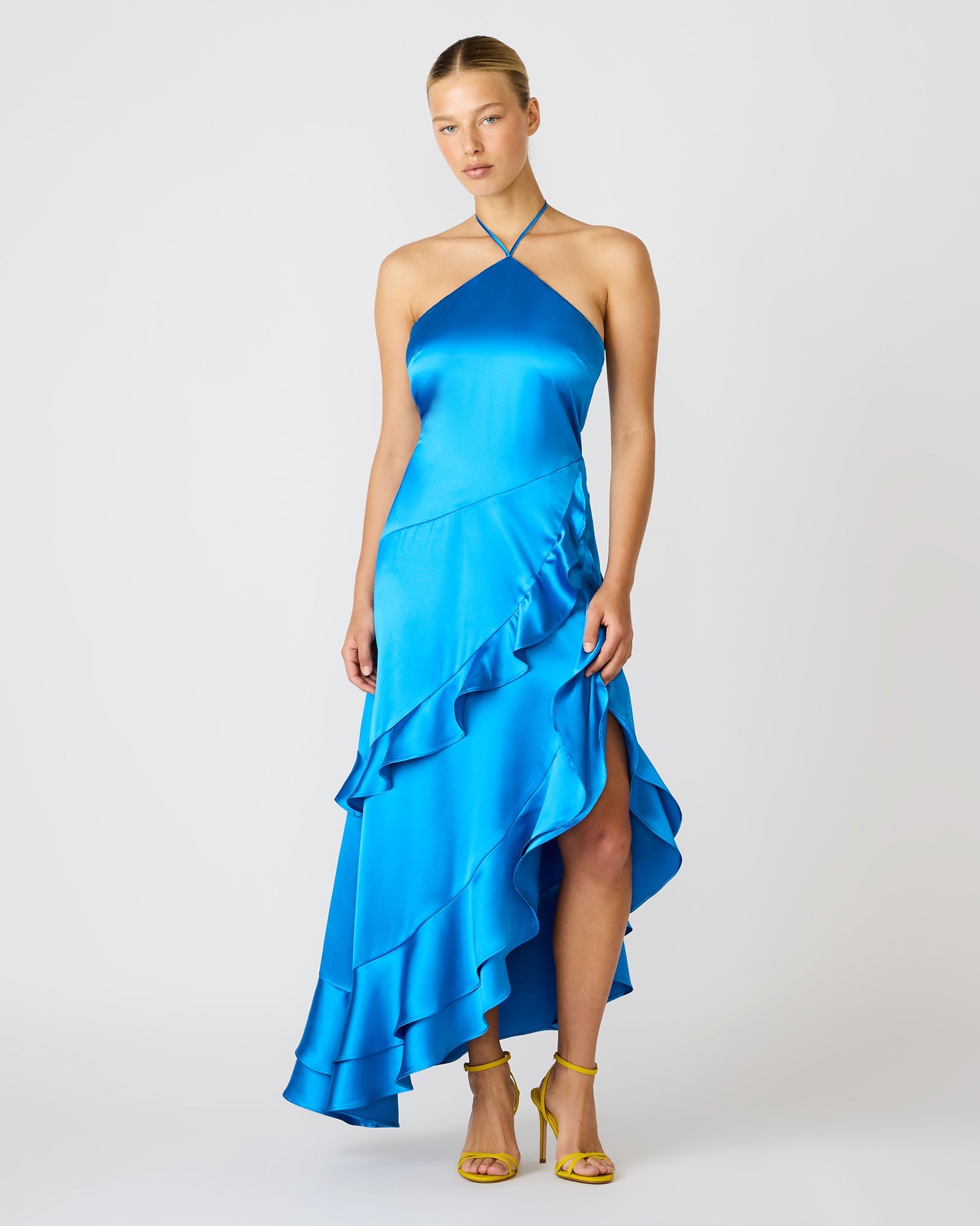 CASPIA Blue High-Neckline Ruffles Asymmetrical Women's Maxi Dress | Steve Madden