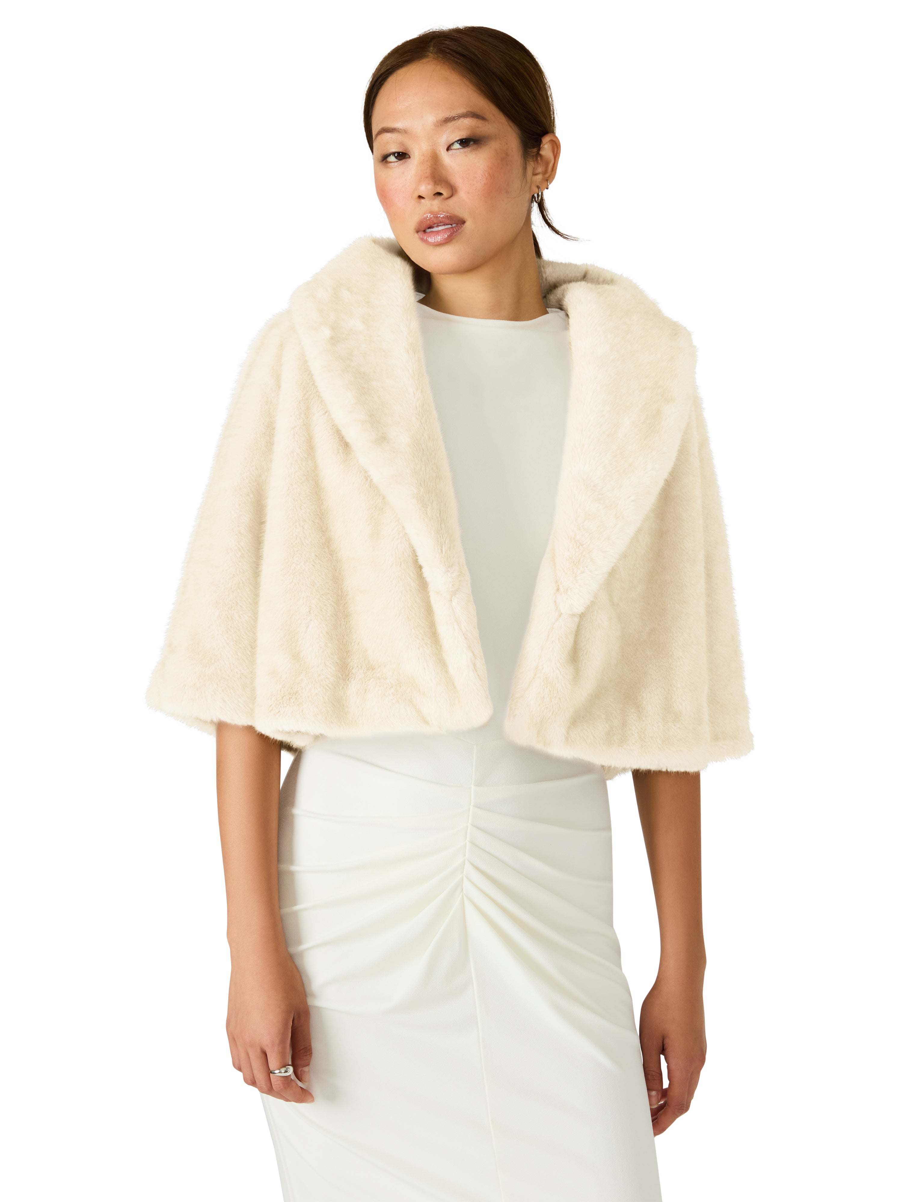 HESTIA Cream Faux Fur Cropped Collared Neckline Women's Coat | Steve Madden