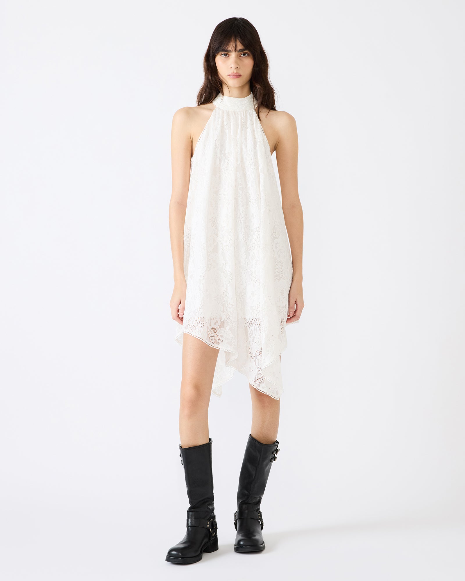 SANDER Cream Asymmetrical High-Neckline Lace Women's Mini Dress | Steve Madden