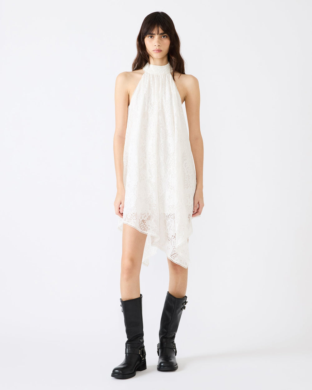 SANDER Cream Asymmetrical High-Neckline Lace Women's Mini Dress | Steve Madden