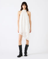 SANDER Cream Asymmetrical High-Neckline Lace Women's Mini Dress | Steve Madden