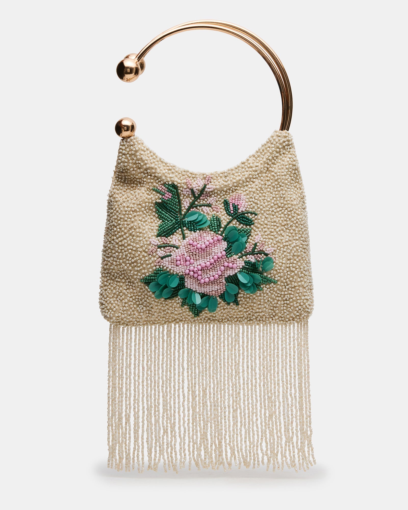 Kae Multi Beaded Flower Fringe Clutch Handbag | Steve Madden