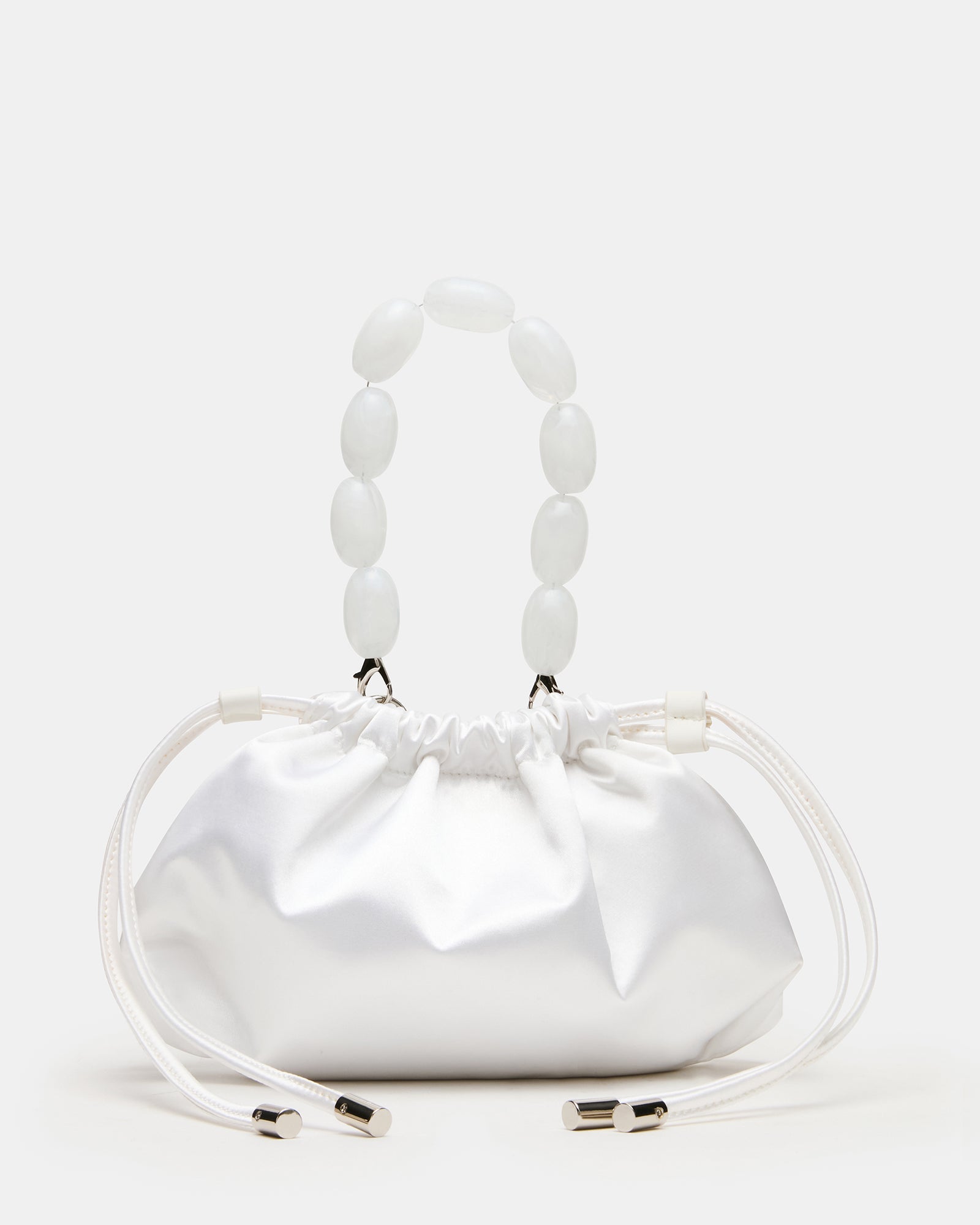 MARIELA White Satin Beaded Drawstring Crossbody Clutch Handbag | Steve Madden