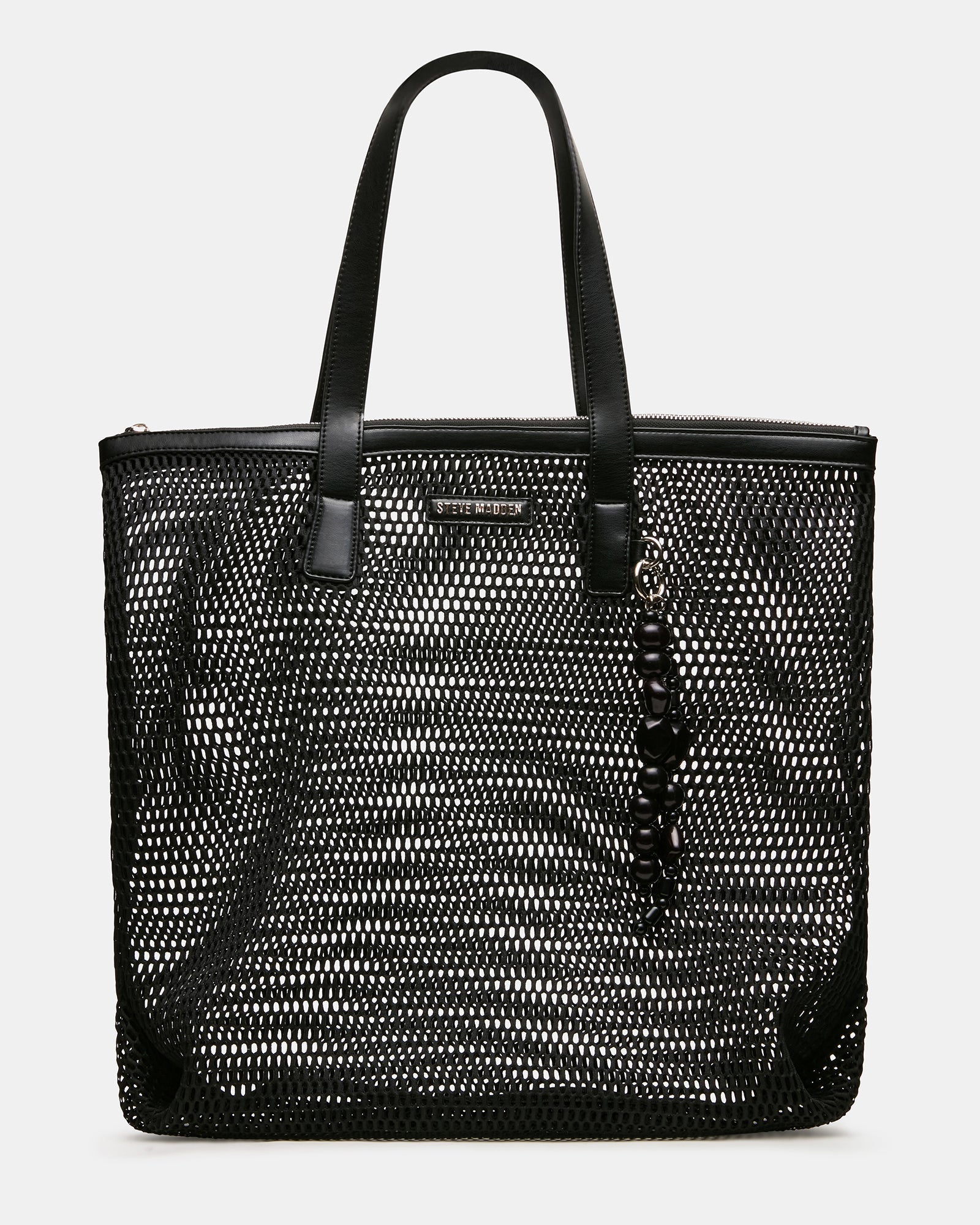 MISHA Black Mesh Beaded Bag Charm Tote Handbag | Steve Madden