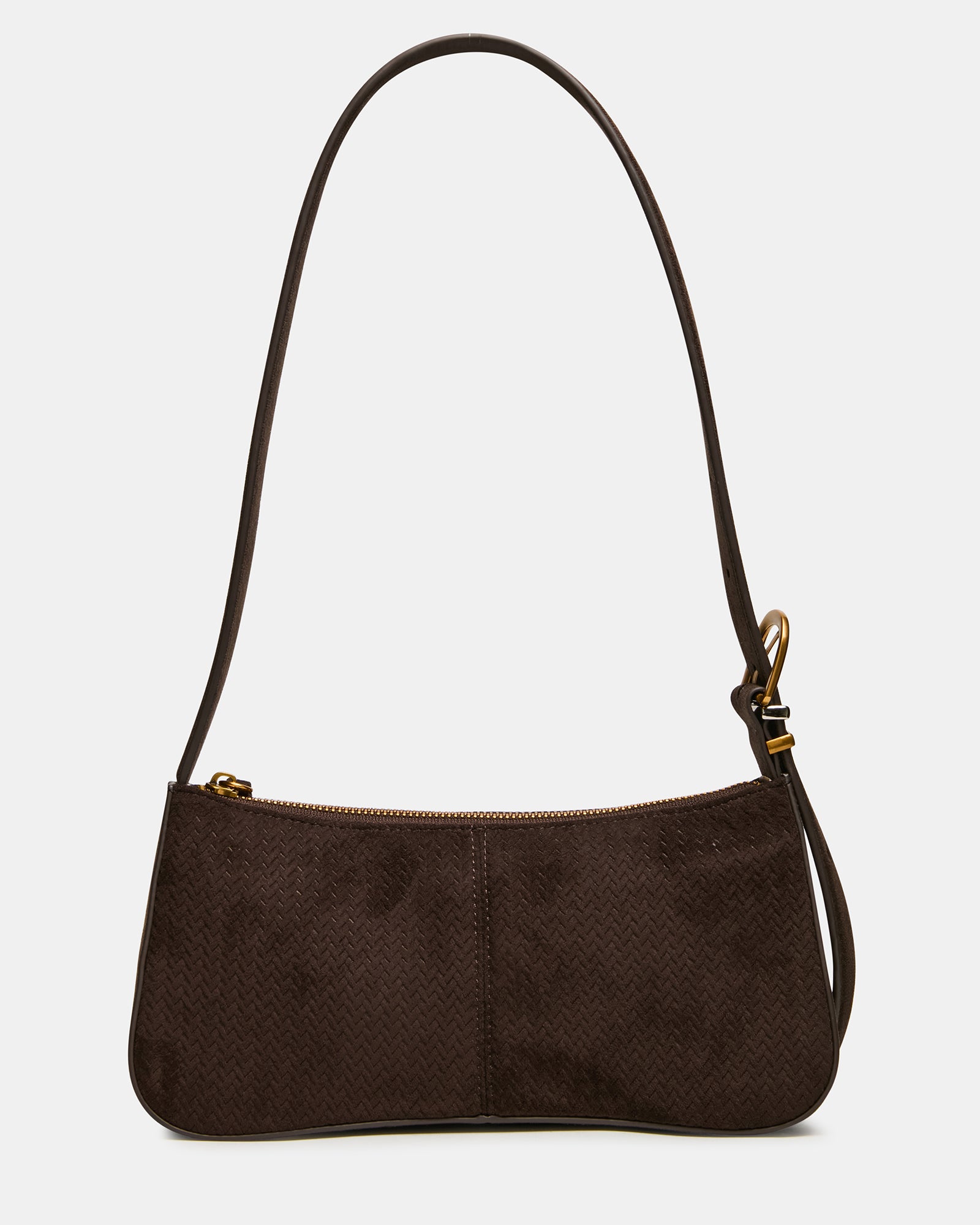 TANZIE Woven Chocolate Two-Tone Buckle Strap Shoulder Bag | Steve Madden
